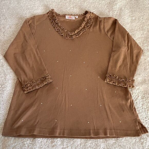 Quacker Factory Shirt Medium Tan Ruffle Edge Rhinestone Tunic Pullover 3/4 Slv - Picture 11 of 11